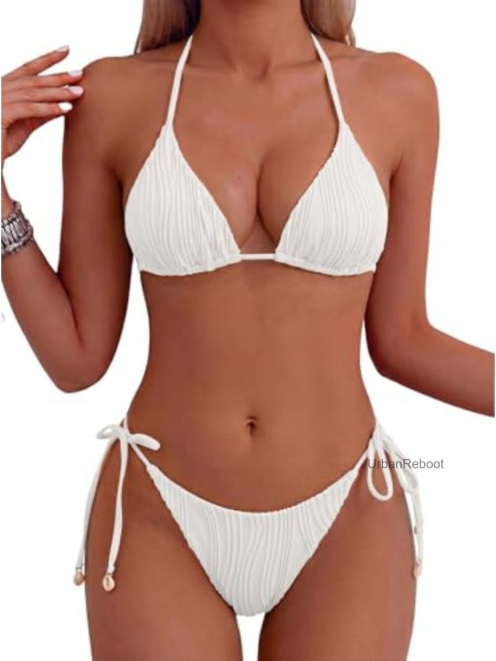 Ribbed Two Piece Bikini Set Halter Triangle Top Cheeky Thong Swimsuit